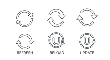 Refresh, reload, update line icon set. Circular arrow symbols for web interface design. Vector illustration of synchronization, restart, and data renewal process buttons.