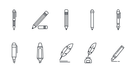 Pen and pencil line icon set. Writing and drawing tools collection. Vector graphic symbols for office, school, and stationery. Includes fountain pen, quill, marker, and highlighter.