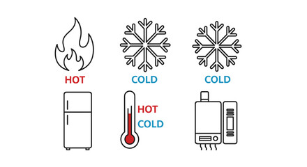 Hot and cold icon set. Temperature control symbols. Line art vector of flame, snowflake, thermometer, refrigerator, water heater. HVAC heating and cooling climate signs.