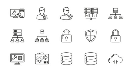 IT support and system administration line icons set. Network administrator, server database, data security, cloud computing technology. Computer repair, user settings concepts.