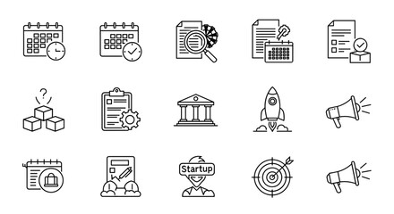 Business and startup thin line icon set. Vector symbols for project management, marketing, planning, and strategy. Includes rocket, target, calendar, and document analysis.