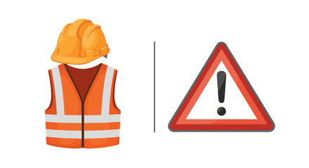 Work safety vector concept. Protective equipment with builder hard hat and high visibility vest. Red triangular warning sign with exclamation mark. Danger symbol attention.