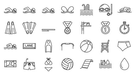 Swimming icons. Water sports linear symbols collection. Pool swimmer, competition medal, stopwatch. Training equipment. Swimsuit, flippers, goggles. Summer vacation, beach activity.