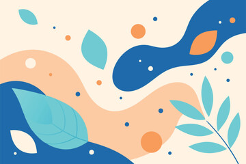 Abstract organic shapes and stylized leaves in a flowing composition with a soft color palette of cream blue and peach creating a modern natural aesthetic