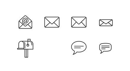 Mail and message icon set. Communication symbols. Vector line art. Email, envelope, letter, mailbox, chat bubble. Dialogue, talk, post, notification. Minimalist outline design.