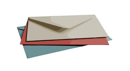 Three colorful envelopes stacked on a white background. Mail, correspondence, and communication concept. Blank letter mockup for invitations, greetings, or business messages.