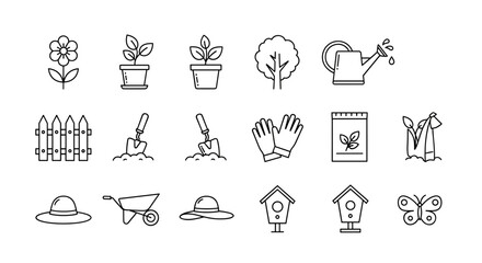 Gardening and horticulture line icon set. Collection of vector symbols for garden work, spring planting. Includes flower, plant, tree, watering can, shovel, seeds, wheelbarrow.