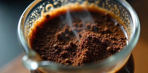 A close up of a French press filled with fresh coffee grounds and hot water, ready for brewing. Extreme close up of a glass French press filled with dark coffee grounds and hot, steaming water.