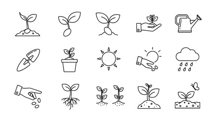 Plant growth stages and gardening icon set. Vector outline illustration of seed, sprout, seedling, roots, watering can, trowel, sun, rain. Agriculture and ecology concept.