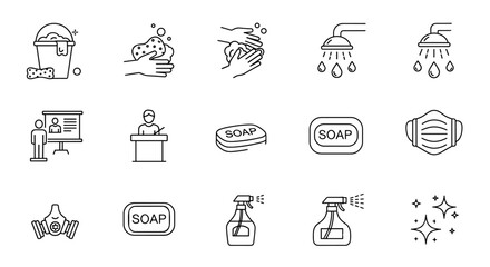 Hygiene and personal protective equipment icons set, cleaning, washing hands, soap, shower, disinfectant spray, respirator, face mask, safety, sanitation, public health, cleanliness concept