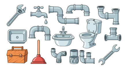 Plumbing service icon set. Cartoon vector illustration collection of plumber tools and equipment. Includes toilet, sink, pipes, wrench, and plunger for repair work.