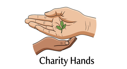 Charity hands metaphor for help, support and donation. Growth and new life concept. Nature, environment and sustainability. Unity in diversity and multicultural humanity.