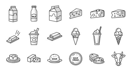 Dairy products line icon set. Milk, cheese, butter, ice cream, sour cream vector illustrations. Farm food outline graphic symbols for web design, menu, packaging.