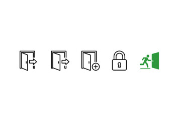 Door icon set for web and app interface. Vector symbols for login, logout, register, and user access. Includes open door, exit sign with running person, plus and security padlock.