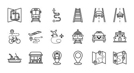 Transport and travel line icon set. Public transportation, navigation, and logistics concept. Car, train, plane, ship, map route, and location pin vector graphic elements.