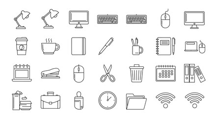 Office and business essentials line icons set. Vector collection of workspace elements for productivity. Includes computer, keyboard, mouse, lamp, coffee, calendar, stationery.