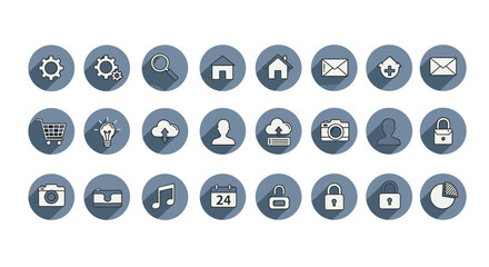 Modern Flat Long Shadow Icons Set. UI User Interface Symbols for Settings, Search, Home, Email, Shopping Cart, Cloud Upload, Profile, Camera, Music, Calendar, Security Locks, Folder