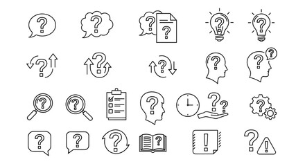 Question mark icons collection. Inquiry, confusion, help, problem solving, FAQ, search, checklist, brainstorming, solution, uncertainty, decision making, alert, information symbol vector set.