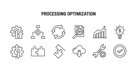 Processing optimization line icon set for business development and workflow improvement. Icons for analysis, management, growth, and efficiency for presentations and apps.