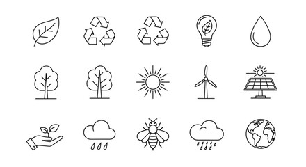 Ecology line icon set. Environment, renewable energy, and sustainability symbols. Green concept for nature conservation, climate change. Vector leaf, recycle, solar, wind power.