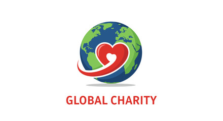 Global charity logo with heart on planet earth. Vector symbol for an international foundation, non-profit organization, donation, help, and humanitarian support worldwide.