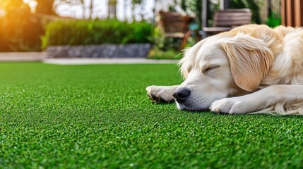 Serene Golden Retriever Dog Relaxing on Lush Green Artificial Grass in Backyard Garden during Sunset