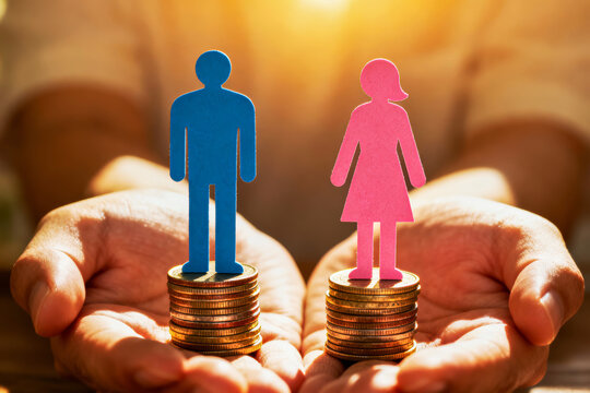 Gender pay gap concept with equality symbol in workplace, diversity focus under warm light, male and female icons on coins
