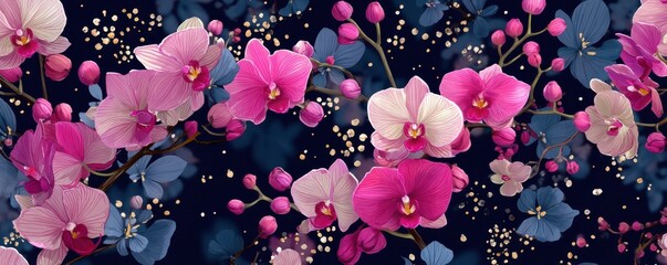 Floral illustration with pink and blue orchids on a dark background