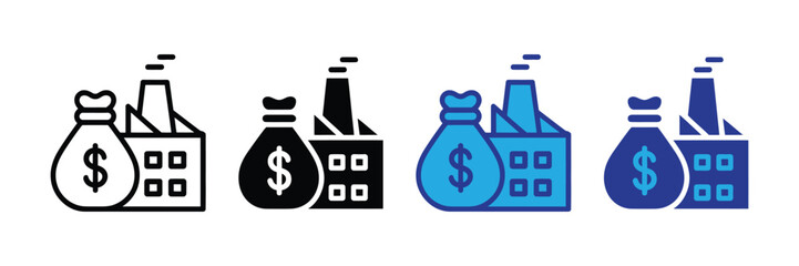 Icon representing a money bag with a dollar sign next to a factory, symbolizing industrial finance, manufacturing investment, and economic production, isolated on transparent background