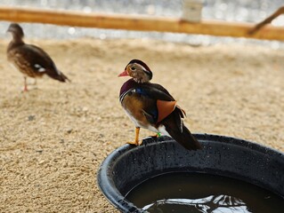 Mandarin duck duck bird with colorful plumage on the ground in the snow