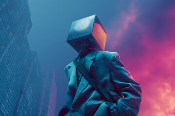 Surreal cityscape with a figure wearing a box head, standing against a vibrant sky, creating a mysterious atmosphere.