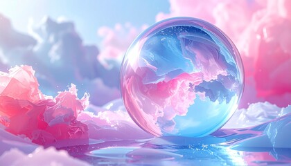 青とピンクの無人島に浮かぶガラスの玉