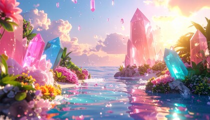 キラキラしたピンクの背景、宝石の島