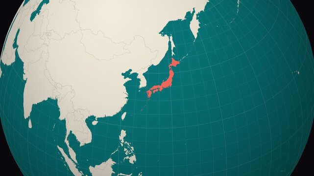 Japan map. Animated zoom into the country on the Globe in Teal Pale Mint color palette. Country logo animation. Map with meridians, parallels. Alive video.