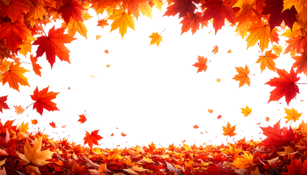 Vibrant autumn maple leaves create a heavy seasonal frame and border on a white background for copy space.