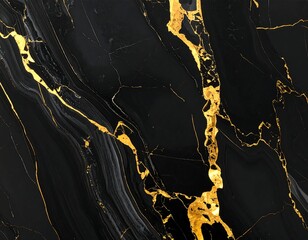 Abstract close-up of black marble with intricate golden veins flowing through the surface