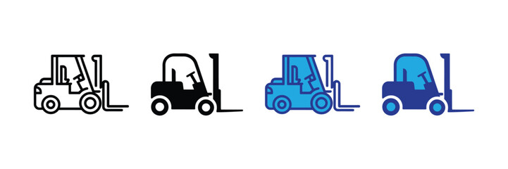 Set of four forklift icons in different styles and colors, isolated on transparent background