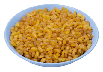 Isolated Bulgur in a blue saucer on a white background. Side view