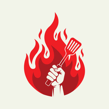 Grill Master Revolution Logo with Fist Holding Spatula in Fire