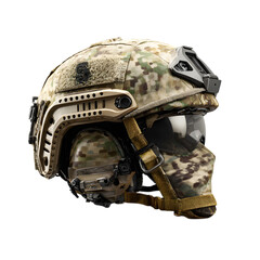 Tactical helmet camouflage protective headgear isolated on transparent background