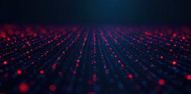 Threat Detection Visualizing the identification of potential cyber threats and anomalies. An abstract, dark blue digital grid with intricate connections. Scattered across the grid are small, pulsating