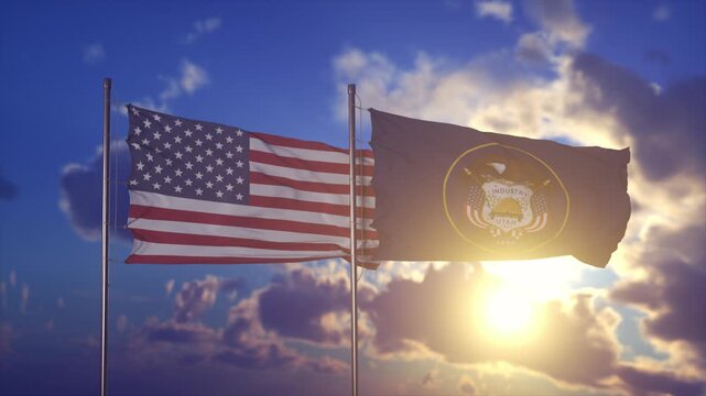 USA and Utah State Flags Waving Together at Sunset With Dramatic Sky