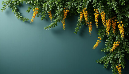 Green branches with yellow flowers on blue wall Keywords: green leaves, yellow flowers, floral
