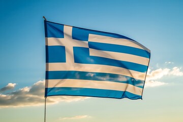 The greek national flag a symbol of hellenic pride waves majestically against a serene sky filled with soft clouds