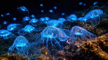Obraz premium Bioluminescent Jellyfish Swarm Glowing Blue in Dark Deep Ocean, Ethereal Underwater Scene with Sparkling Marine Life and Textured Seabed