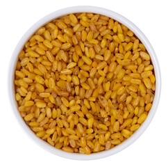 Isolated Bulgur in a bowl on a white background. Top view