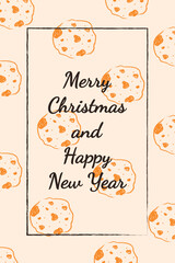 Christmas greeting poster with cookies in a minimalist style with pastel texture. Vector template for banners, posts, and covers