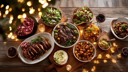 Overhead view of a festive holiday dinner spread featuring sliced roast meat, various salads, roasted potatoes, and pomegranates on a wooden table with lights.	