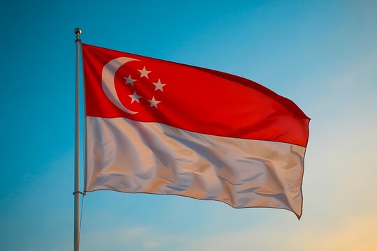 The vibrant red and white flag of singapore proudly waves against a gradient sky symbolizing national pride and identity