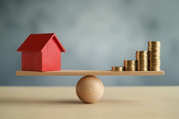 A red house model on one side of a balance scale is weighed against a growing stack of gold coins on the other side
